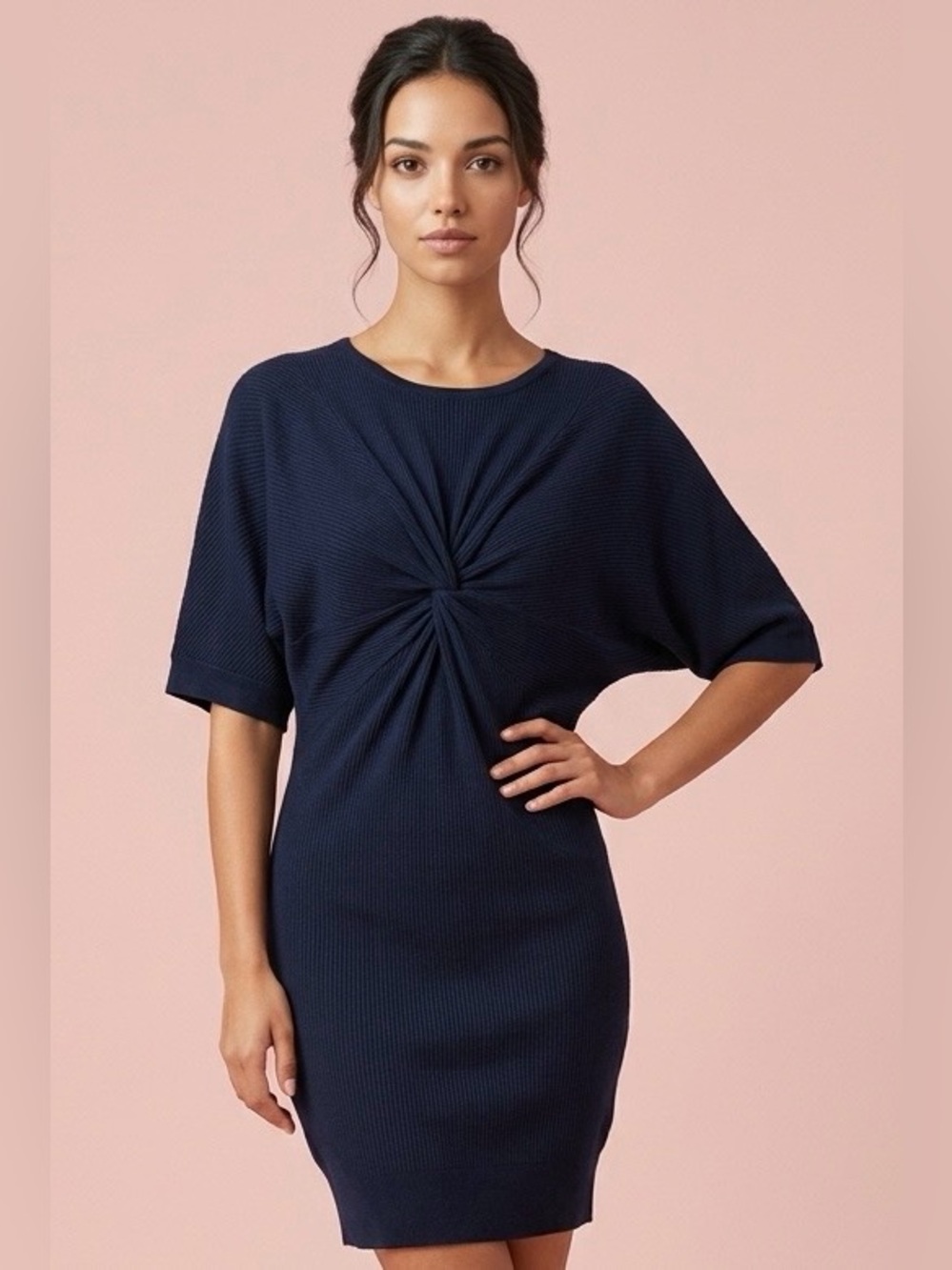 Calvin Klein Navy Cozy Y2K Chic Batwing Cotton Mini Sweater Dress-M